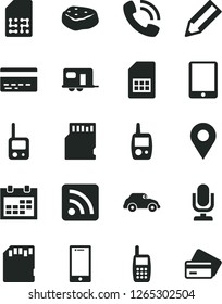 Solid Black Vector Icon Set - desktop microphone vector, calendar, bank card, rss feed, toy phone, mobile, smartphone, piece of meat, retro car, SIM, location, pencil, call, tablet pc, sd, camper