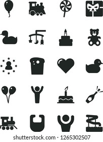 Solid Black Vector Icon Set - toys over the cradle vector, bib, rubber duck, baby duckling, teddy bear, toy train, children's, colored air balloons, balloon, cake, heart, Easter, birthday, lollipop