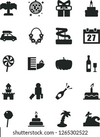 Solid Black Vector Icon Set - daily calendar vector, cake, birthday, Chupa Chups, lollipop, pumpkin, gift, sand castle, wine, champagne, car baggage, passenger, hotel, palm tree, hawaii wreath