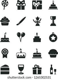Solid Black Vector Icon Set - tassel vector, colored air balloons, cake, birthday, gift, muffin, piece of, torte, lollipop, glass, giftbox, gold cup, star, medal, with pennant, wine