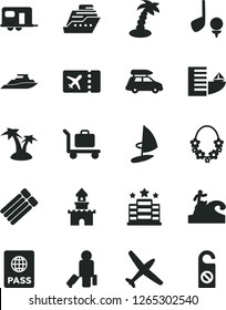 Solid Black Vector Icon Set - passport vector, sand castle, plane, car baggage, camper, passenger, ticket, hotel, palm tree, hawaii wreath, surfing, golf, cruiser, yacht, inflatable mattress