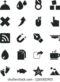 Solid Black Vector Icon Set - clean paper vector, cross, rss feed, footprints, cubes for children, index finger, drop, coffee, move right, fish, magnet, mouse, graduate hat, ink pen, gold ring
