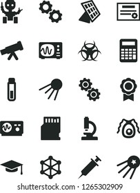 Solid Black Vector Icon Set - artificial satellite vector, sd card, test tube, microscope, telescope, gears, bactery, biohazard, oscilloscope, graduate hat, calculator, medal, robot, sun panel