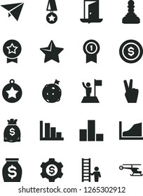 Solid Black Vector Icon Set - bar chart vector, positive histogram, star, money, dollars, growth graph, pawn, medal, man with flag, on moon, pennant, ladder, exit door, dollar coin, gear, helicopter