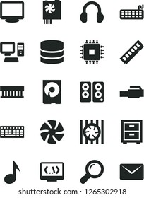 Solid Black Vector Icon Set - bedside table vector, computer, fan, radiator, keyboard, pc power supply, cpu, memory, monitor, hdd, headphones, speaker, coding, lan connector, magnifier, note, mail