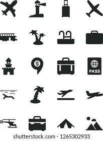 Solid Black Vector Icon Set - suitcase vector, case, passport, coastal lighthouse, sand castle, helicopter, dollar pin, plane, bus, rolling, departure, tent, beach, palm tree, pool, mountains