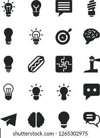 Solid Black Vector Icon Set - image of thought vector, matte light bulb, paper airplane, Puzzles, saving, Hot Dog, coastal lighthouse, think, brain, target, dialog