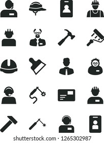 Solid Black Vector Icon Set - builder vector, workman, paint roller, construction helmet, putty knife, hammer, with claw, employee, pass card, operator, welding, gas, dispatcher, scientist, identity