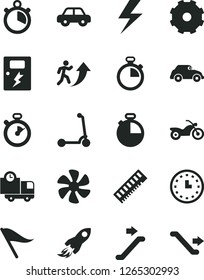 Solid Black Vector Icon Set - truck lorry vector, lightning, stopwatch, wind direction indicator, motor vehicle, child Kick scooter, dangers, timer, delivery, marine propeller, retro car, wall watch