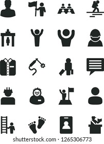 Solid Black Vector Icon Set - image of thought vector, footprints, folded shirt, racer, builder, gas welding, woman, man, conversation, scientist, hands up, with flag, hold, ladder, backpacker