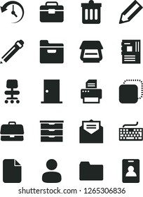 Solid Black Vector Icon Set - graphite pencil vector, keyboard, folder, storage unit, portfolio, ntrance door, received letter, dust bin, copy, briefcase, man, motherboard, printer, scanner, chair