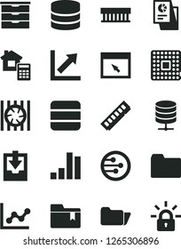 Solid Black Vector Icon Set - folder vector, graph, growth chart, download archive data, bookmark, storage unit, estimate, big server, processor, bar, statistical research, radiator fan, memory
