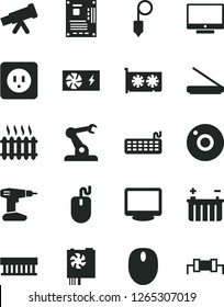 Solid Black Vector Icon Set - camera vector, drill, power socket type b, plummet, screen, battery, assembly robot, cast iron radiator, fan, mouse, keyboard, pc supply, motherboard, gpu card, monitor