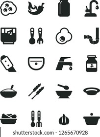 Solid Black Vector Icon Set - deep plate with a spoon vector, plastic fork spoons, iron, sink, siphon, knife, faucet mixer, kitchen, bowl of rice porridge, lettuce in, barbecue, chili, glass tea