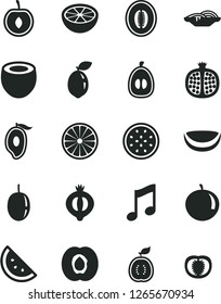 Solid Black Vector Icon Set - music vector, slices of onion, orange slice, half apricot, pomegranate, medlar, mango, melon, tangerine, loquat, cherry, passion fruit, sour lime, guawa, piece coconut