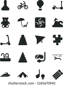 Solid Black Vector Icon Set - stacking rings vector, toy, small teddy bear, Kick scooter, child, Puzzle, Puzzles, pawn, air balloon, hang glider, bike, tent, beach, arnchair under umbrella, pool