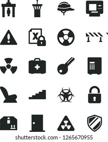 Solid Black Vector Icon Set - warning vector, car child seat, medical bag, key, ntrance door, helmet, road fence, lock, cardboard box, radiation hazard, encrypting, nuclear, biohazard, stairway, atm