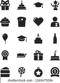 Solid Black Vector Icon Set - balloon vector, cake, birthday, heart, gift, square academic hat, Easter, muffin, piece of, slice, lollipop, Glass bottle, star cup, man with medal, graduate, pennant