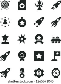 Solid Black Vector Icon Set - rocket vector, space, lunar rover, bang, star cup, reward, medal, flag, ribbon, certificate, dollar gear, stars around man, disco ball, compass