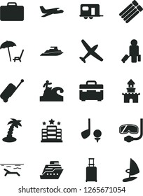 Solid Black Vector Icon Set - suitcase vector, sand castle, plane, camper, passenger, rolling, case, beach, arnchair under umbrella, palm tree, diving mask, surfing, hotel, golf, cruiser, yacht