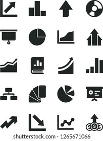 Solid Black Vector Icon Set - upward direction vector, growth up, pie chart, bar, graph, negative, sample of colour, flowchart, ring diagram, charts, book on statistics, financial report, arrow