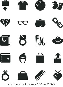 Solid Black Vector Icon Set - paper bag vector, purse, spectacles, hat, bath ball, accessories for a hairstyle, comb, warm socks, winter, with handles, T shirt, hand, glasses, diamond, ring, gold