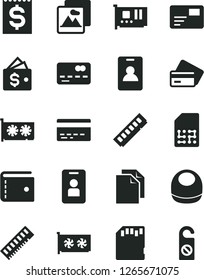 Solid Black Vector Icon Set - bank card vector, purse, clean paper, baby bib, picture, pass, SIM, front of the, financial item, memory, pc, gpu, sd, wallet, identity, credit, access, do not distrub