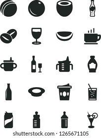 Solid Black Vector Icon Set - mug for feeding vector, measuring cup, bottle, bath ball, coffee, a plate of milk, beans, coffe to go, glass soda, can, orange, piece coconut, half, wine, cocktail