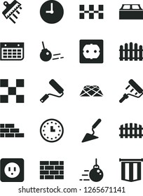 Solid Black Vector Icon Set - brickwork vector, brick wall, big core, building trowel, new roller, paint, power socket type b, f, tile, ceramic tiles, block, spatula, fence, hedge, pavement, clock