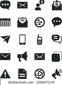 Solid Black Vector Icon Set - warning vector, envelope, scribbled paper, received letter, speech, smartphone, megaphone, copy, wall calendar, mobile phone, network, mail, dialog, plane, money