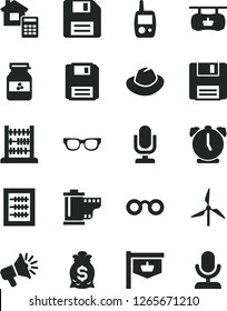 Solid Black Vector Icon Set - desktop microphone vector, floppy disk, hat, camera roll, new abacus, toy mobile phone, estimate, alarm clock, jar of jam, windmill, vintage sign, loudspeaker, glasses