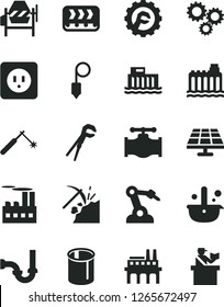 Solid Black Vector Icon Set - concrete mixer vector, adjustable wrench, sewerage, power socket type b, plummet, star gear, solar panel, coal mining, valve, hydroelectric station, hydroelectricity