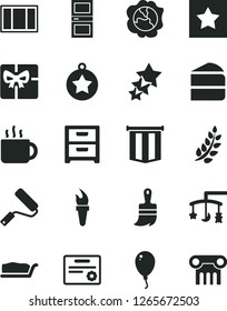 Solid Black Vector Icon Set - toys over the cradle vector, balloon, window frame, new roller, wooden paint brush, interroom door, nightstand, piece of cake, slice, cup tea, squash, giftbox, column