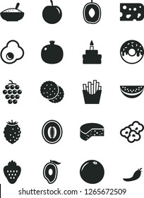 Solid Black Vector Icon Set - piece of cheese vector, birthday cake, glazed with a hole, bowl rice porridge, French fries, popcorn, fried egg, strawberry, biscuit, pomegranate, large grape, melon