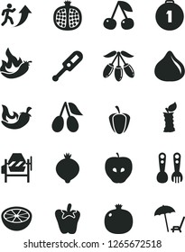 Solid Black Vector Icon Set - electronic thermometer vector e, plastic fork spoons, concrete mixer, chili, peper, cherry, pomegranate, half, tasty apple, cornels, fig, medlar, goji berry, stub, hot