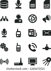Solid Black Vector Icon Set - desktop microphone vector, monitor window, toy mobile phone, big data, call, operator, gears, SIM card, loudspeaker, morning paper, conversation, router, network, mail