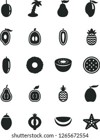 Solid Black Vector Icon Set - a pineapple vector, half of medlar, mango, loquat, date fruit, passion, sweet, kiwi, tamarillo, guawa, piece coconut, slice, ripe guava, part, palm tree, starfish