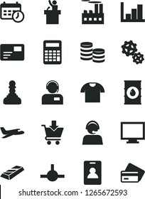 Solid Black Vector Icon Set - monitor vector, negative histogram, pass card, put in cart, T shirt, operator, oil, industrial building, gears, coins, connect, schedule clock, calculator, pawn, plane