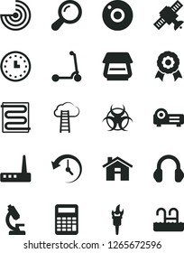Solid Black Vector Icon Set - house vector, camera, child Kick scooter, heating coil, wall watch, router, scanner, headphones, projector, history, microscope, zoom, satellite, biohazard, calculator