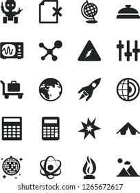 Solid Black Vector Icon Set - delete page vector, molecule, electricity, atom, settings, globe, oscilloscope, flame, calculator, earth core, robot, rocket, bang, tent, disco ball, baggage, mountains