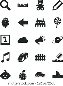 Solid Black Vector Icon Set - left direction vector, magnifier, teddy bear, funny hairdo, building level, drawing, fence, music, lollipop, sushi, tasty raspberry, half of guawa, industrial factory