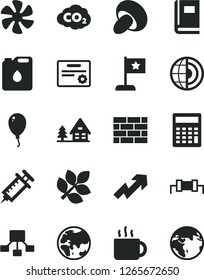 Solid Black Vector Icon Set - growth up vector, calculator, balloon, brickwork, porcini, cup of tea, marine propeller, planet, canister oil, carbon dyoxide, hierarchical scheme, book, earth core