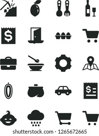 Solid Black Vector Icon Set - cloud vector, motor vehicle, plates and spoons, plastic fork, funny hairdo, map, bundle of eggs, sweet date fruit, sour lime, coal mining, shopping cart, portfolio