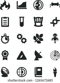 Solid Black Vector Icon Set - cradle vector, test tube, electricity, dna, gears, book, flame, clipboard, growth graph, radar, earth core, medal, robot, satellite antenna, biology, stopwatch, torch