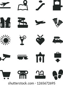 Solid Black Vector Icon Set - plane vector, car baggage, bus, escalator, security gate, scanner, getting, departure, sun, cocktail, pool, aquapark, flippers, map, surveillance, cart, life vest