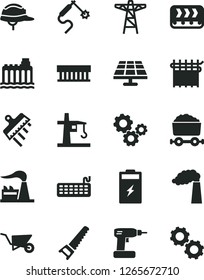 Solid Black Vector Icon Set - building trolley vector, cordless drill, hand saw, helmet, spatula, charging battery, solar panel, manufacture, factory, hydroelectricity, power pole, conveyor, gears