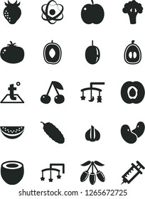 Solid Black Vector Icon Set - toys over the cradle vector, cot, temperature, cucumber, tomato, cherry, apple, half apricot, strawberry, goji berry, delicious plum, water melon slice, loquat, garlic