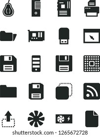 Solid Black Vector Icon Set - floppy disk vector, rss feed, copy, move up, part of guava, processor, fan, pc power supply, tower, motherboard, card, printer, usb flash, browser, folder, file