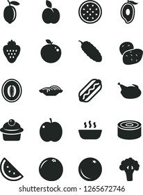 Solid Black Vector Icon Set - canned goods vector, Hot Dog, slices of onion, muffin, porridge, chicken, cucumber, strawberry, apple, orange slice, half mango, melon, lemon, passion fruit, delicious