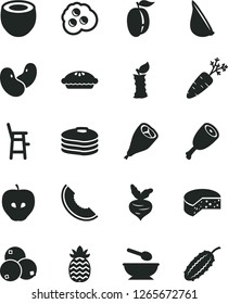Solid Black Vector Icon Set - deep plate with a spoon vector, chair for feeding child, cheese, pie, chicken thigh, grill leg, garlic, omelette, pancakes, tasty apple, blueberries, slice of melon